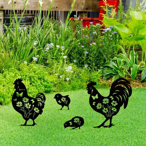 Vista 5 de Decoración de jardín de pollo de metal Doesen para exterior, 4 piezas de arte de jardín de pollo de metal, regalos de jardín decorativos