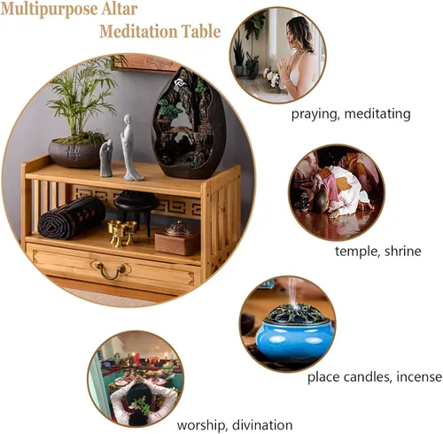 Vista 3 de HULKI Mesa de meditación de altar con almacenamiento, mesa de altar de 3 niveles para puja espiritual con cajón, mesa de meditación