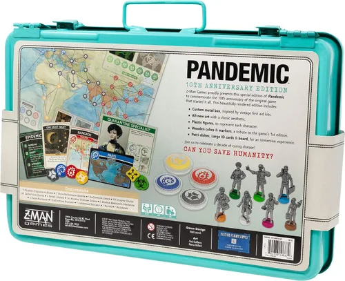Vista 5 de Juego de mesa Pandemic Edición 10º Aniversario, edición limitada estilo vintage con caja de metal personalizada. Juego cooperativo para niños