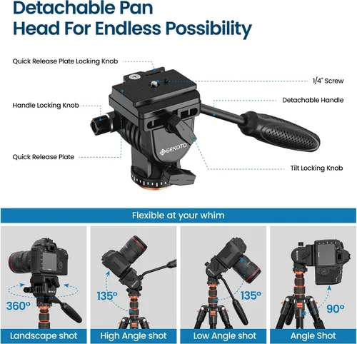 Vista 4 de GEEKOTO Trípode de video con cabezal fluido, trípode profesional para cámara réflex digital, monopie de aluminio de 77 pulgadas para videocámara