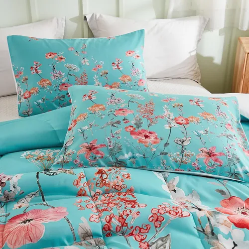 Vista 4 de Juego de edredón de cama tamaño Queen con estampado floral, color azul verdoso, juego de ropa de cama de estilo rústico francés, juego de edredón