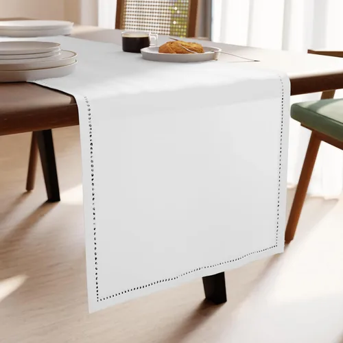 Vista 8 de Encasa XO Camino de mesa de comedor de 13 x 59 pulgadas, diseño de dobladillo de algodón puro, blanco, lavable a máquina