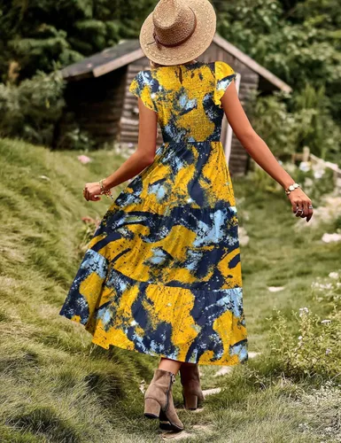 Vista 3 de YESNO Vestidos de verano para mujer, con volantes, manga casquillo, vestido casual bohemio con corpiño fruncido con bolsillos, E05
