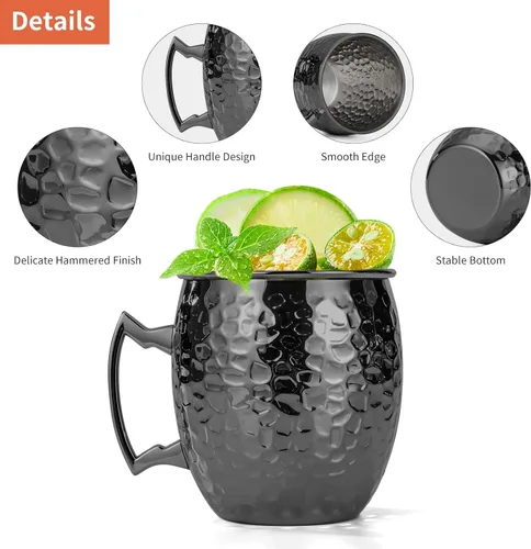 Vista 4 de Amrules Tazas Moscow Mule, 16 OZ Taza Mule Negra Martillada con Forro de Acero Inoxidable 304 y Asa de Latón, para Bebidas Frías, Cerveza, Vino