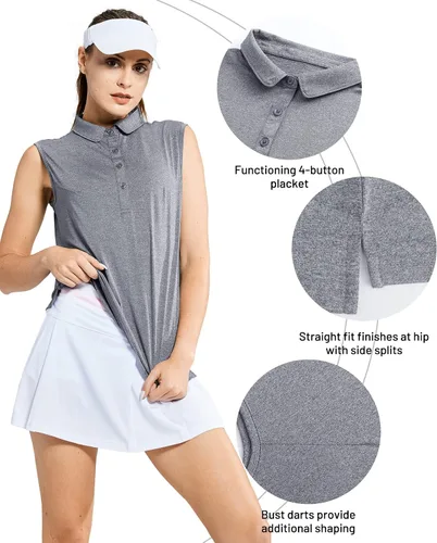 Vista 2 de MIER Polo de golf sin mangas para mujer, con cuello de tenis, secado rápido, UPF 50+