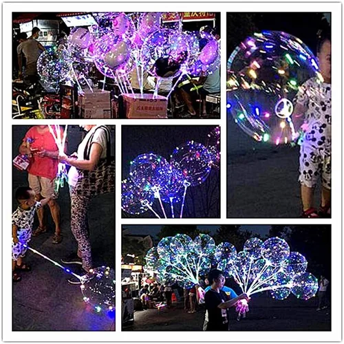 Vista 6 de Globos Bobo con luz LED con palos, 10 paquetes de asas intermitentes, globos de burbujas de 20 pulgadas, palos de 27.7 pulgadas, decoración