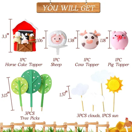 Vista 3 de JeVenis Little Farm - Juego de decoración de tartas de animales de granja, ovejas, vacas, cerdos para baby shower y fiestas de cumpleaños