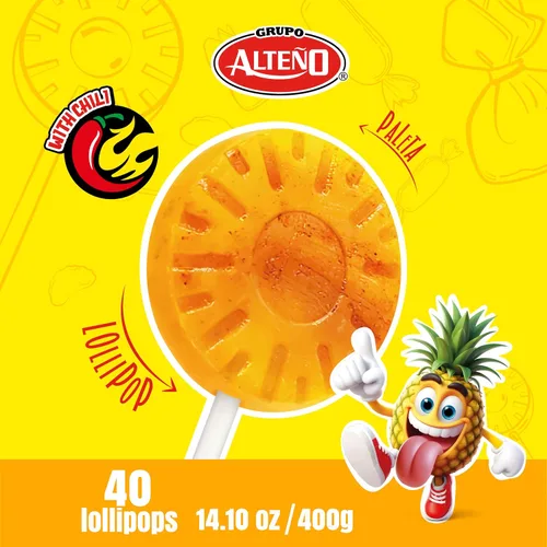 Vista 4 de Alteño (Alteno) Super Piña Loca - Paletas de chile y piña, caramelo duro picante estilo mexicano, envueltas individualmente, 40