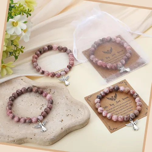 Vista 4 de Quelay Juego de 12 pulseras de ángel con tarjeta de felicitación y bolsa de organza, pulseras inspiradoras de piedra natural rosa inspiradora