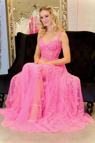 Vista 7 de Vestidos de fiesta con tirantes delgados para mujer, apliques de encaje, hombros descubiertos, tul sexy, dividido, largo, formal, vestidos de fiesta