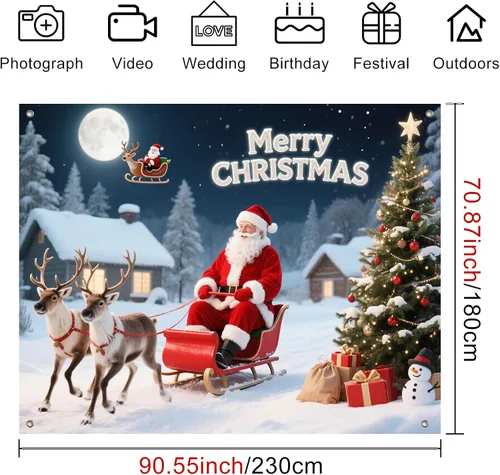 Vista 4 de BlissYard Pancarta de Fondo de Navidad de 8 x 6 pies Papá Noel Trineo Reno Feliz Navidad Árbol Muñeco de Nieve Regalos País de las Maravillas