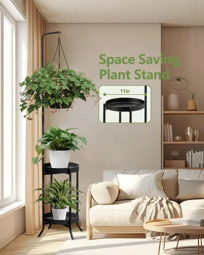 Vista 3 de RINBOU Soporte para plantas colgantes para interiores y exteriores, estante esquinero de metal para 3 macetas, 2 niveles de 61 pulgadas de alto