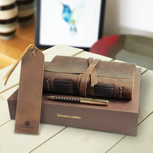Vista 2 de Juego de regalo de diario de cuero con marcador de cuero antiguo + bolígrafo, cuaderno de escritura hecho a mano de 7 x 5 pulgadas, bloc de notas