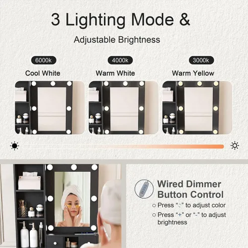 Vista 4 de Pequeño juego de tocador de maquillaje con espejo, tocador de maquillaje compacto con luces LED ajustables y toma de corriente, para dormitorios