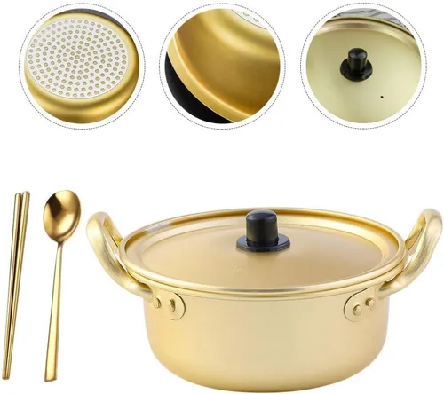 Vista 6 de Housoutil Olla ramen 1 juego de olla de ramen coreano con tapa, cuchara, palillos tradicionales de aluminio instantáneo Ramyun para el hogar