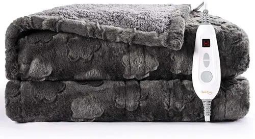 Vista 8 de Bearhug - Manta eléctrica de 50 x 60 pulgadas, manta eléctrica con motivos florales grises de pelo sintético y sherpa cálido, temporizador