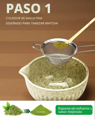Vista 3 de Juego de batidor de matcha de 20 onzas, kit de 7 piezas de matcha que incluye cuenco matcha, batidor y soporte, cuchara de bambú, reposo, tamiz