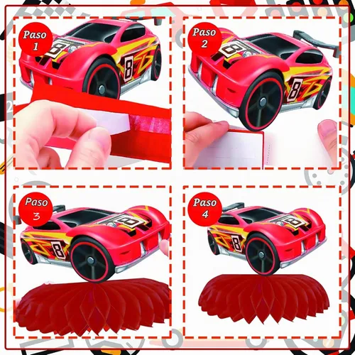 Vista 4 de 8 piezas de decoración de fiesta de coche de carreras, centro de mesa de papel de panal de abeja, centros de mesa Let's Go Racing de doble cara 3D