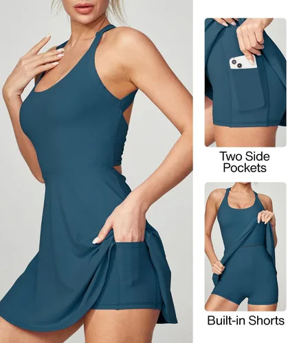 Vista 4 de Heathyoga Vestido de tenis con pantalones cortos integrados y brasier atlético para mujer, vestido de entrenamiento de golf trenzado de verano