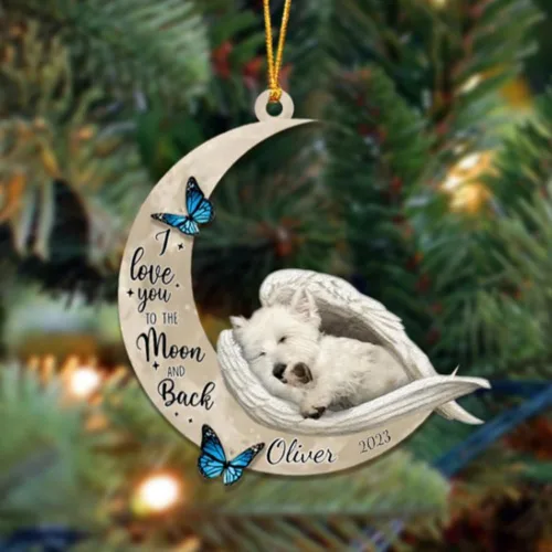 Vista 25 de Adorno colgante personalizado de ángel durmiendo en la luna, perro sabueso afgano, nombre personalizado, acrílico impreso en 2D plano – cumpleaños