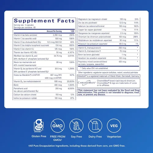 Vista 2 de Pure Encapsulations Nutrient 950 con vitamina K 180's - Suplemento multivitamínico y mineral - Soporte óseo y arterial* - Absorción óptima - Sin
