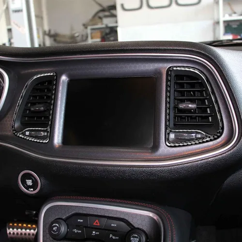 Vista 8 de Calcomanías de ventilación para consola central de automóvil, accesorios para Dodge Challenger 2015-2023, calcomanías interiores de fibra de carbono