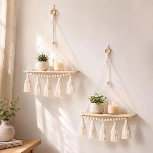 Vista 7 de Artilady Paquete de 2 estantes de madera para colgar en la pared, estantes flotantes bohemios, estante de plantas de macramé blanco, estante