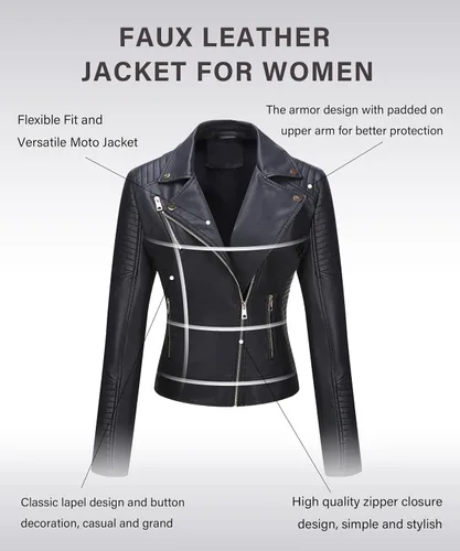 Vista 9 de Bellivera Chaqueta informal de piel sintética, abrigo de motocicleta de moda para otoño y primavera, para mujer