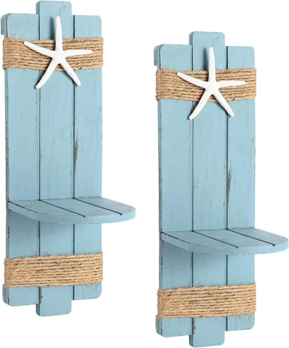 Vista 4 de SOMTO Apliques de Pared con Velas de Estrella de Mar de Playa, Portavelas de Pared con Temática Oceánica, Decoraciones Rústicas Náuticas Costeras