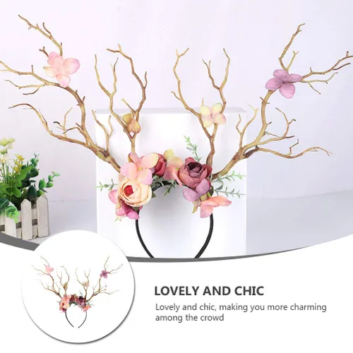 Vista 2 de Minkissy Diadema de cornamenta de ciervo, diadema de cuernos de reno de Navidad, diadema de ramas de árbol, tocado para el cabello, accesorios