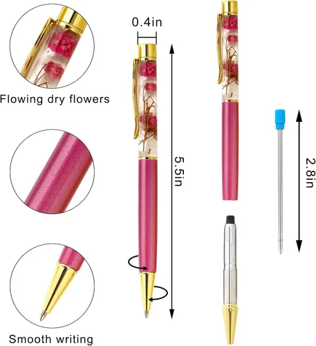 Vista 2 de 10 bolígrafos líquidos florales de metal rosa con 10 repuestos adicionales, tinta azul, bolígrafos de colores, bolígrafos recargables, suministros