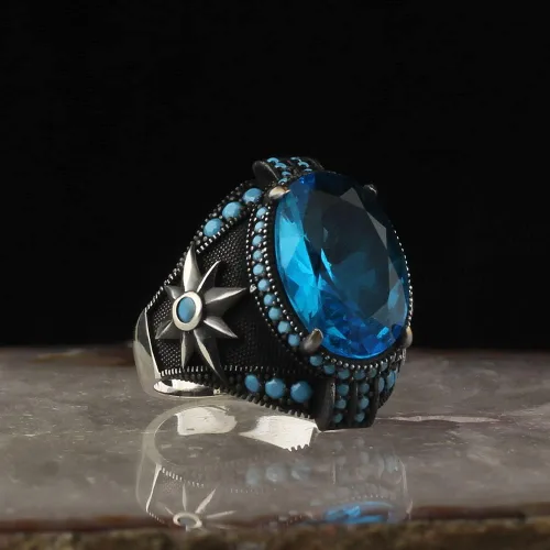 Vista 2 de Mens Ring Sterling Silver Aquamarine Stone Jewelry for Men Rings Signet Anillos para Hombre Turkish Rings Anillo de Plata Mens Gemstone Rings Man