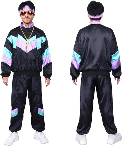 Vista 3 de Kicpot Traje de los años 8090 para hombre, disfraz de chándal de los años 80, disfraz retro de los años 80, rompevientos unisex