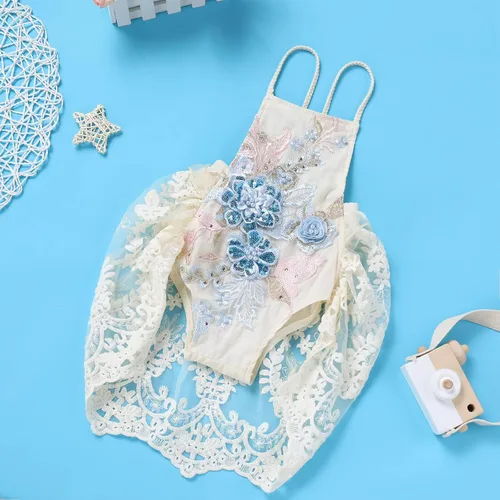 Vista 4 de Traje de primer cumpleaños para niña con volantes manga corta encaje floral vestido de tul diadema de corona sesión de fotos