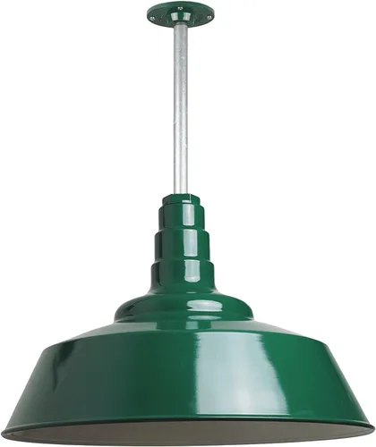 Vista 91 de Steel Lighting Co. Manhattan Warehouse Light Colgante montado en el techo Cúpula de 20 pulgadas vástago de 12 pulgadas Luz de granero