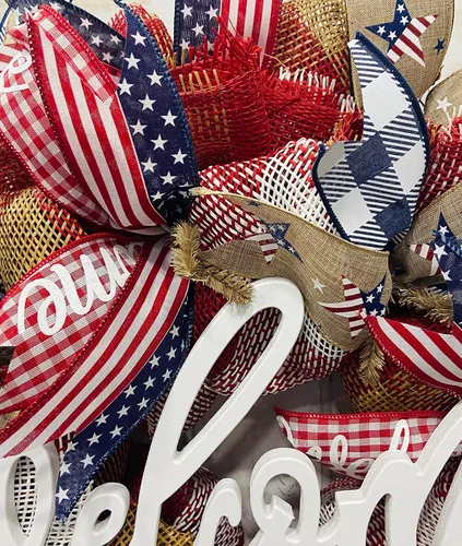 Vista 8 de 24" Round Patriotic Mesh Front Door Wreath with Welcome Sign Insert Option, Heavy Wire Base, Lots of Ribbon