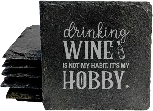 Vista 21 de Rustic Drinking Wine is My Hobby Slate Coasters Set of 8 – Round – USA Made Witty wine lover’s motto engraved on real slate coasters — “drinking