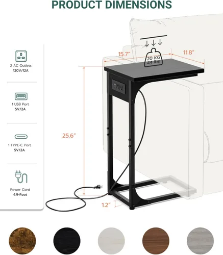 Vista 2 de Mesa auxiliar en forma de C para sofá, soporte de café pequeño, bandeja de sofá con marco de metal, parte superior de madera impermeable resistente