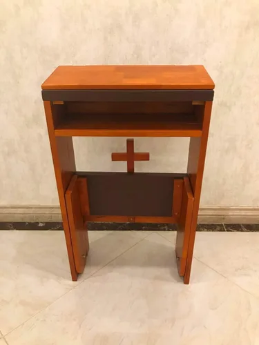 Vista 7 de Taburete de banco de oración, de madera maciza con banco y mesa plegable en el hogar, mesa de oración de iglesia, estante acolchado