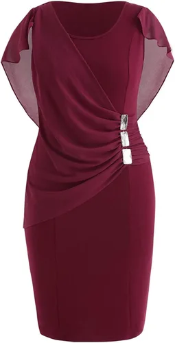 Vista 4 de SERYU Vestido ajustado de gasa con volantes para mujer, talla grande, con mangas de capa, favorecedor