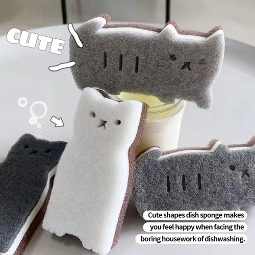 Vista 2 de Esponjas de cocina reutilizables, esponja de plato con forma de gato para lavar platos, esponjas antiarañazos para lavar platos, esponja