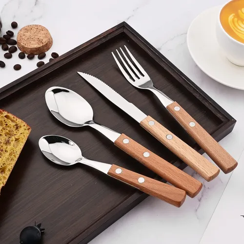 Vista 7 de Juego de cubiertos de madera de acero inoxidable 304 con mango ancho, juego de cubiertos de madera duradera, utensilios reutilizables, espejo