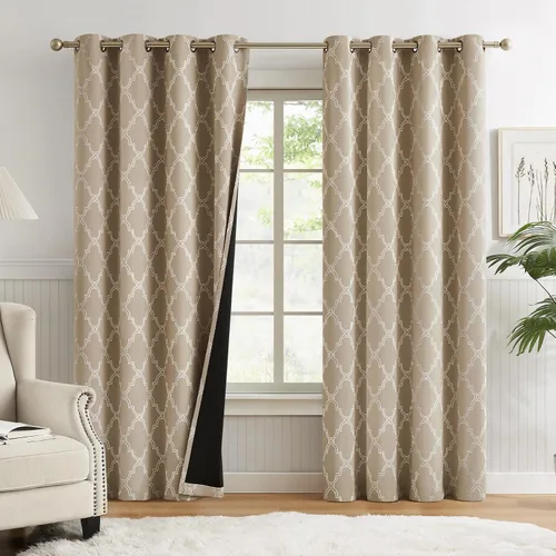 Vista 22 de Melodieux Cortinas 100% opacas de 96 pulgadas de largo para sala de estar, dormitorio estilo marroquí, aislamiento térmico, ahorro de energía