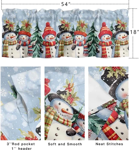 Vista 7 de Cenefa de Navidad para ventanas, cortinas de muñeco de nieve, cenefas con bolsillo para barra, tratamientos de ventana, cortinas cortas azules