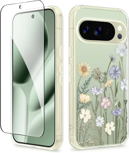 Vista 10 de GVIEWIN Funda para Google Pixel 10a con protector de pantalla, protección contra caídas de grado militar, no amarillenta, transparente, floral