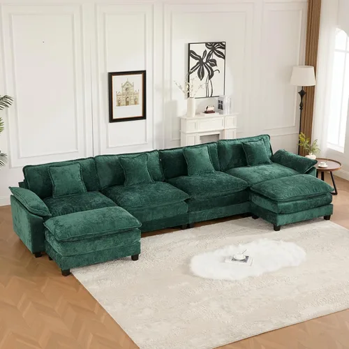 Vista 188 de Sofá seccional modular verde de 111.5", sofás seccionales grandes de 3 plazas para sala de estar, sofá nube oversized de tela chenille con otomana