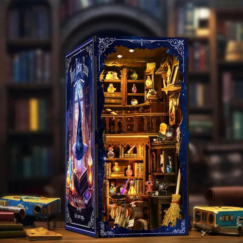 Vista 4 de Kit de Rincón de Libros - Kit de Manualidades de Casa en Miniatura con Muñecas, Muebles y Luz LED, Separadores de Libros de Arte en Madera 3D