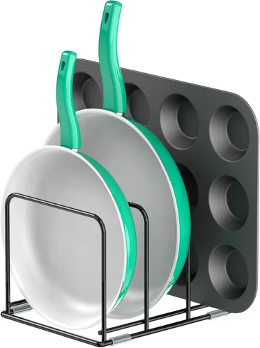 Vista 9 de KORRTFID Organizador de armario de cocina, soporte para utensilios de cocina de acero, soporte dividido con 5 ranuras para sartenes, bandeja