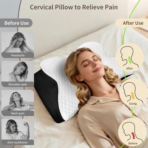 Vista 4 de Almohada cervical para el cuello para dolor de cuello, almohada ortopédica de espuma viscoelástica con diseño contorneado, almohadas de apoyo