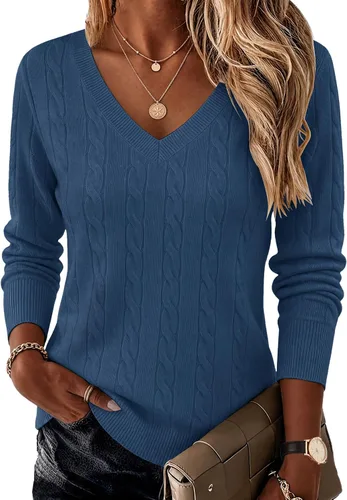 Vista 18 de Ekouaer Suéter de punto trenzado con cuello en V para mujer, manga larga Negro